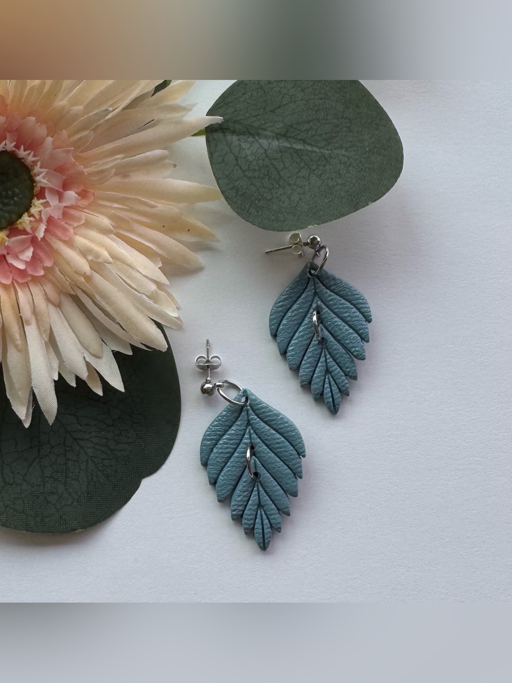 Blue Leaf Drop Polymer Clay Earrings
